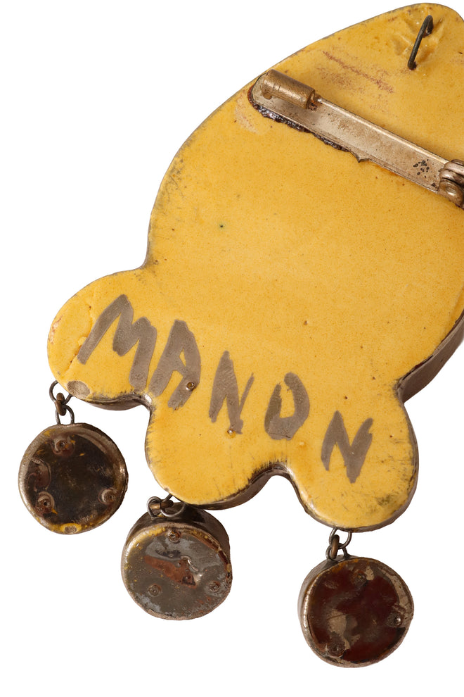 Crystal teardrop cabochon dangle brooch by Manon signature @ Recess LA 
