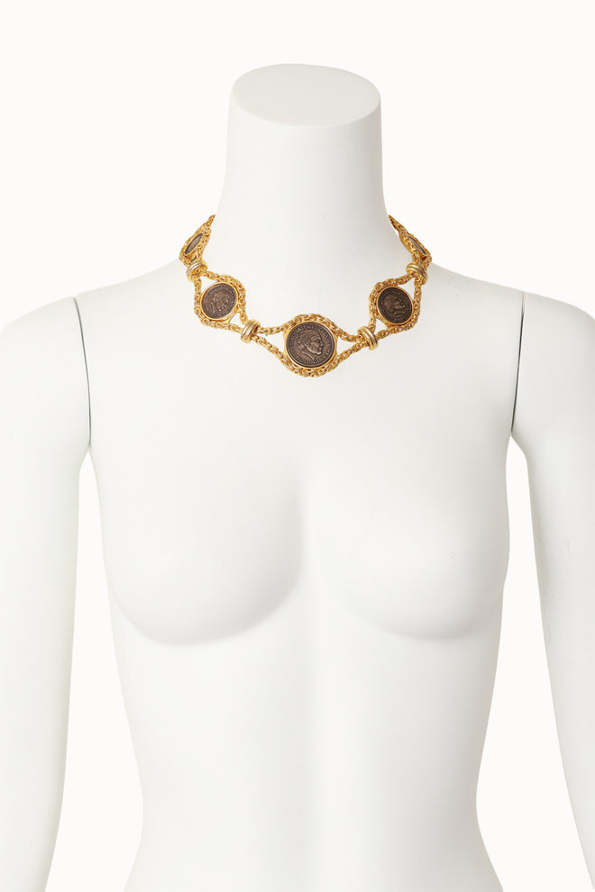 Vintage roman coin necklace on mannequin @ Recess LA 