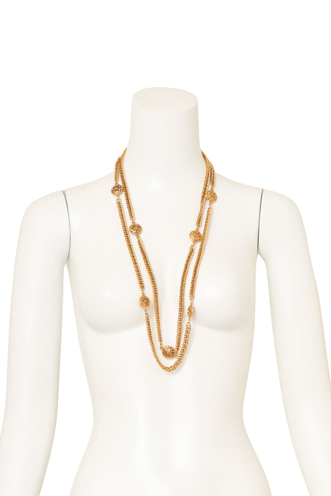 Vintage Chanel Zodiac Coin Station Necklace double looped on mannequin @ Recess LA