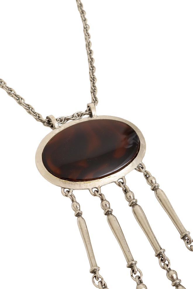 Tortoiseshell Fringe Drop Pendant Necklace up close @ Recess LA