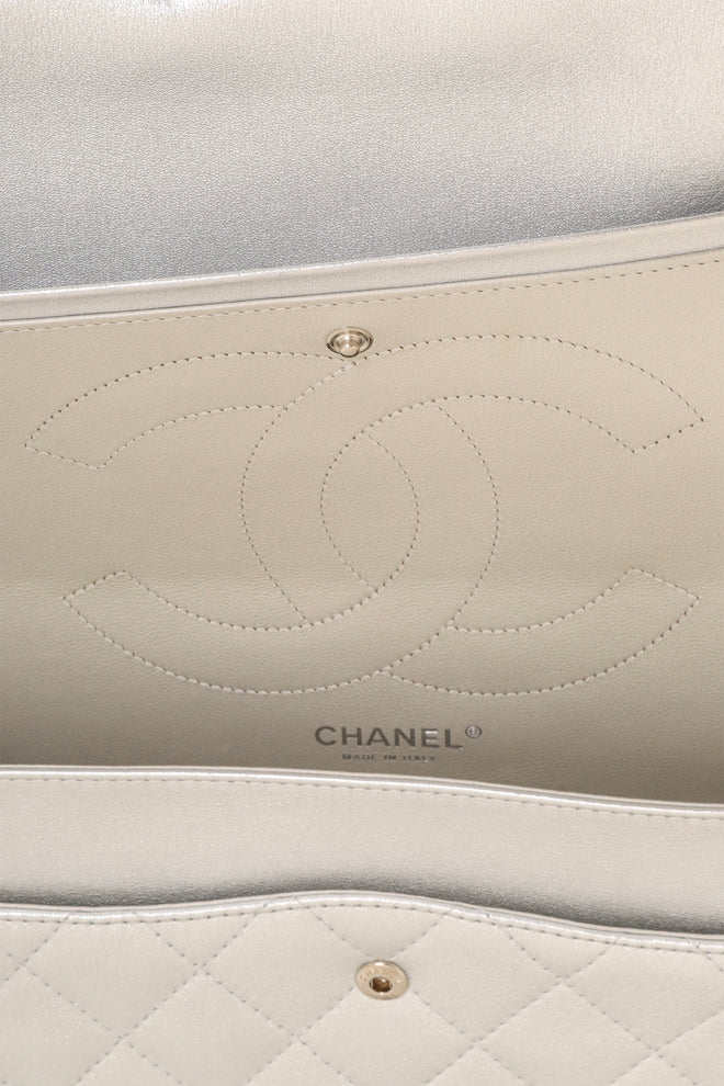 Chanel silver 227 Quilted Double Flap Bag stitched logo @ Recess LA