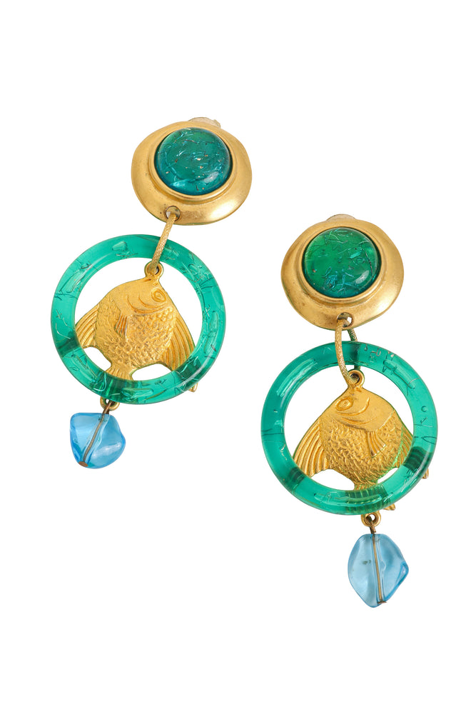 Vintage Les Bernard Fish Hoop Drop Earrings side angle @ Recess LA