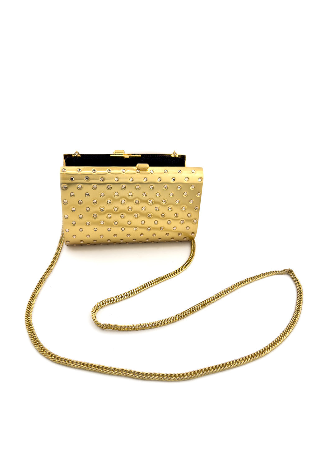 Vintage Lillie Rubin Rhinestone Studded Metal Clutch with chain extended @recess la