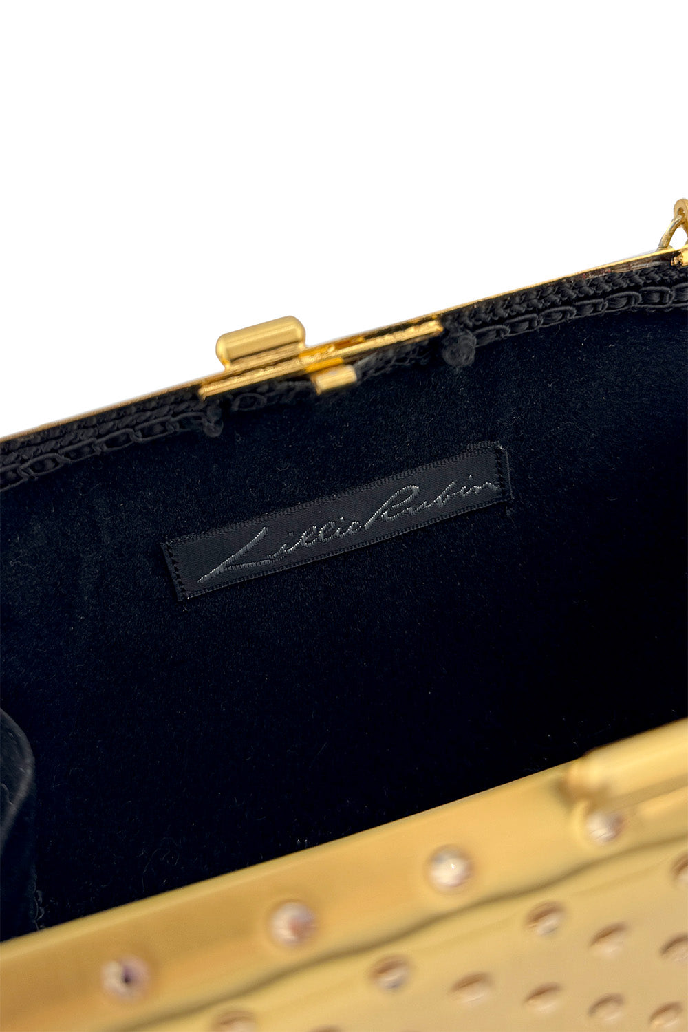 Vintage Lillie Rubin Rhinestone Studded Metal Clutch label @recess la