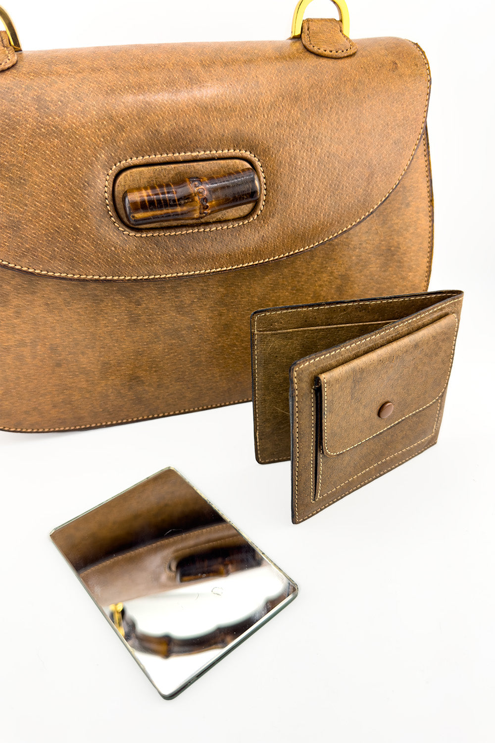 Vintage Gucci Leather Bamboo Handle Handbag with mirror and wallet @recess la