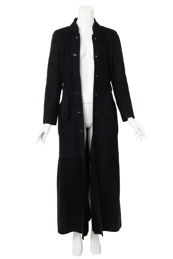 Vintage Chanel Belted Suede Shearling Coat on mannequin open @ Recess LA