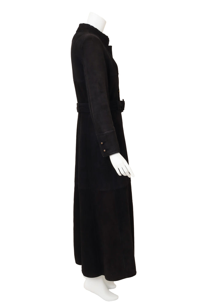 Vintage Chanel Belted Suede Shearling Coat on mannequin side @ Recess LA