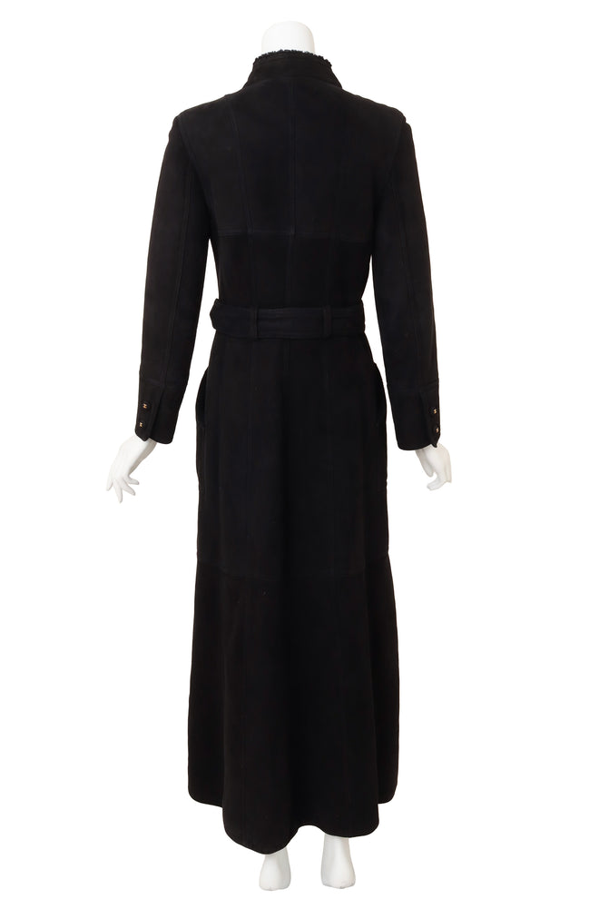 Vintage Chanel Belted Suede Shearling Coat on mannequin back @ Recess LA