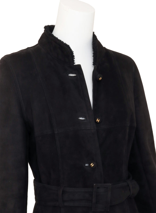 Vintage Chanel Belted Suede Shearling Coat on mannequin close @ Recess LA
