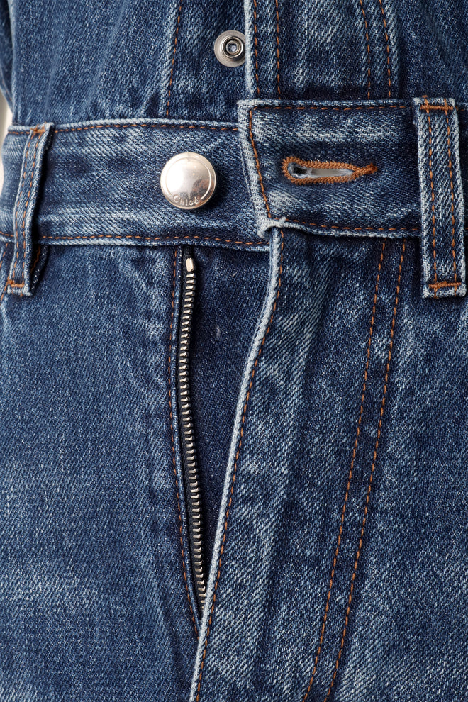 Chloé Denim Flare Dress on mannequin zipper close @ Recess LA