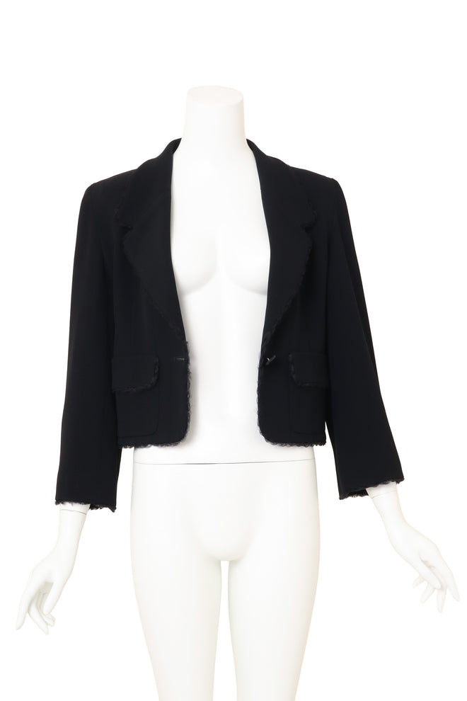 Vintage Chanel Scalloped Tulle Trim Blazer on mannequin open @ Recess LA