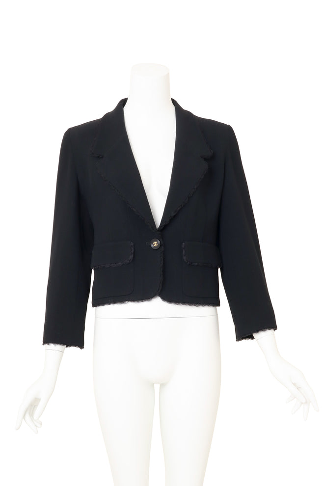 Vintage Chanel Scalloped Tulle Trim Blazer on mannequin @ Recess LA