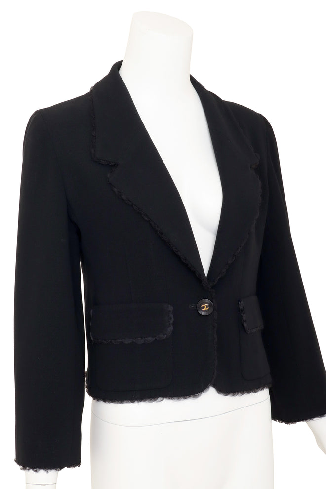Vintage Chanel Scalloped Tulle Trim Blazer on mannequin close @ Recess LA