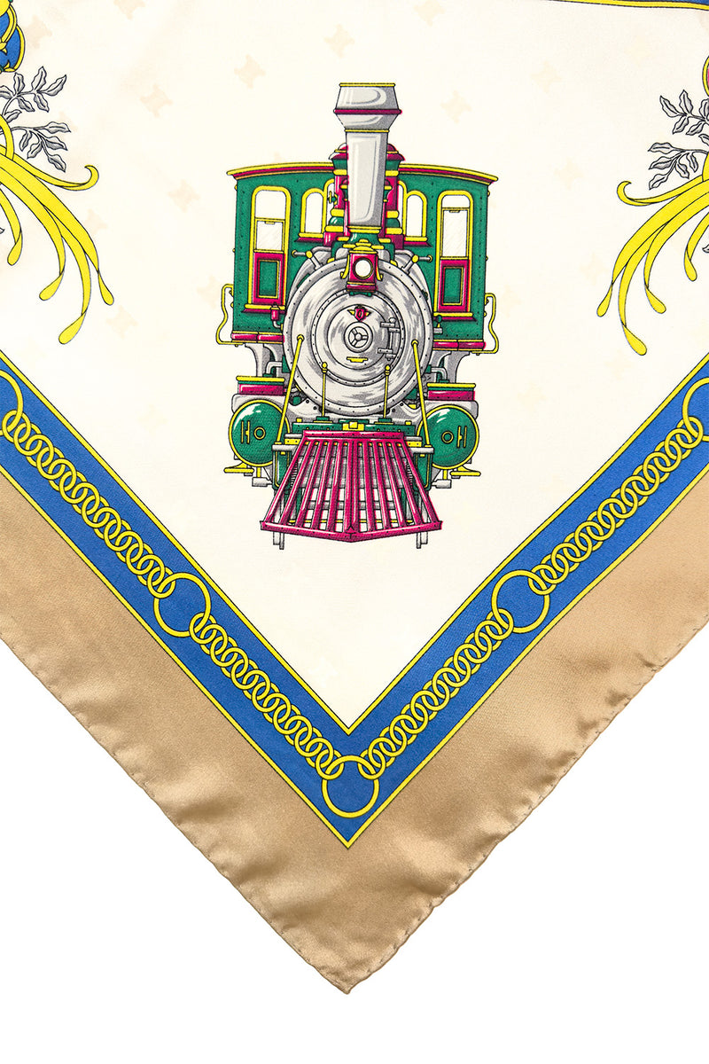 Vintage Celine Steam Train Silk Scarf corner detail @recess la
