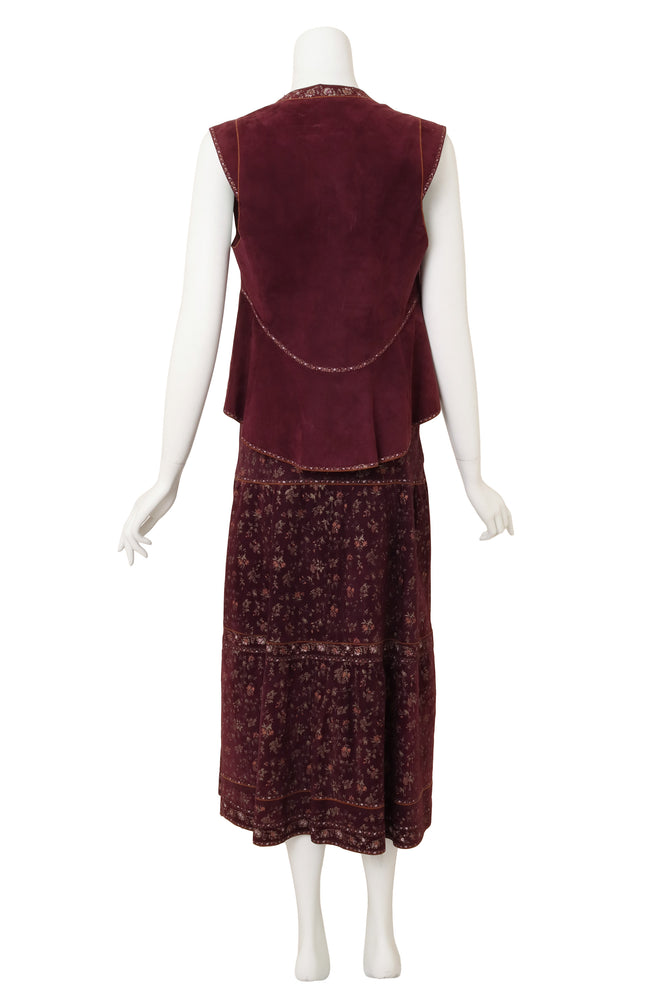 Vintage Roberto Cavalli Suede Floral Vest & Skirt Set back of mannequin @ Recess LA