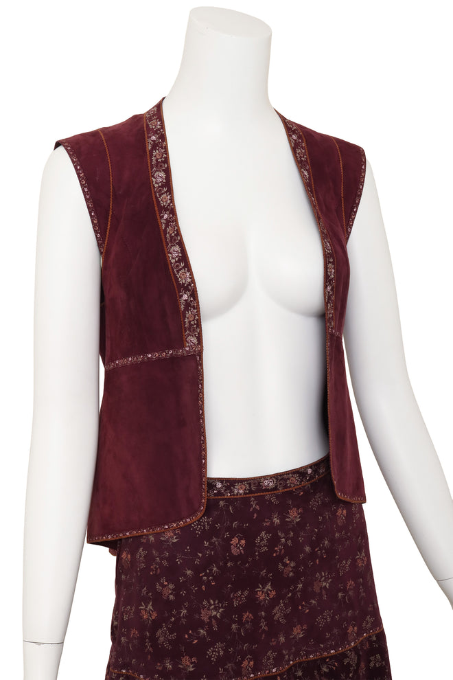 Vintage Roberto Cavalli Suede Floral Vest & Skirt Set close front @ Recess LA