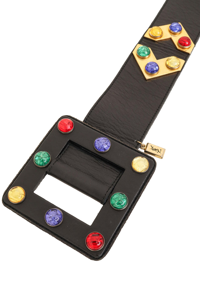 Geo Jewel Stud Leather Belt by YSL buckle close @ Recess LA