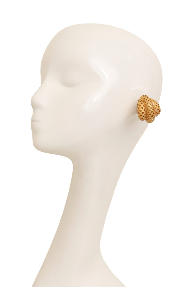 Woven raffia clip earrings on mannequin @ Recess LA