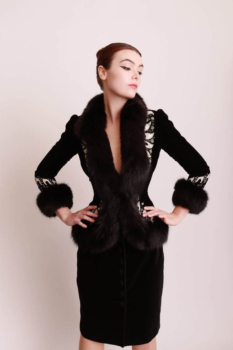 Vintage Jean Louis Scherrer Beaded Fur Trim Velvet Jacket on model @recess la