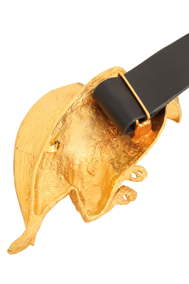 Sculpted Falcon Buckle Belt by Margarita Barrera inside buckle @ Recess LA