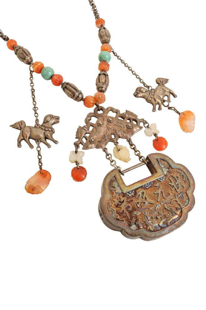 Chinese Dog Scene Lock Bead Necklace lock close @ Recess LA