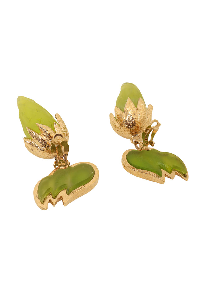 Vintage Guy Laroche Frosted Lime Green Horn Drop Earrings Open Backs @ Recess LA