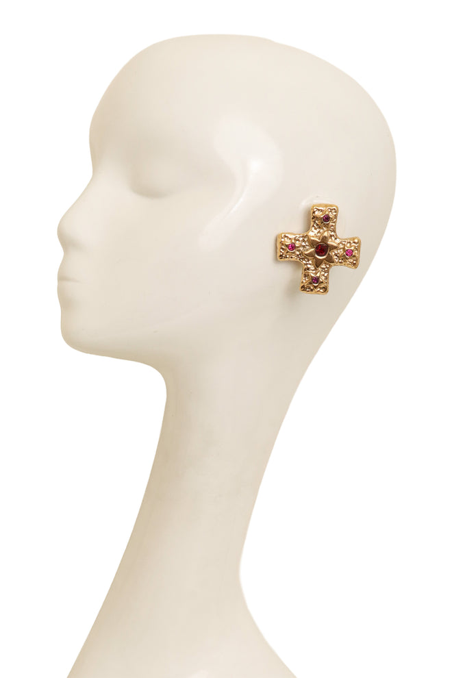 Marie Claire Textured Sun Stone Cross Earrings On Mannequin @ Recess LA