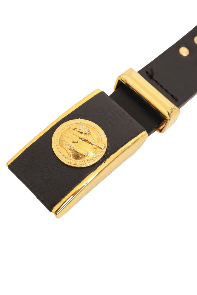 Leopard Medallion Stud Leather Belt by Versus buckle close @ Recess LA
