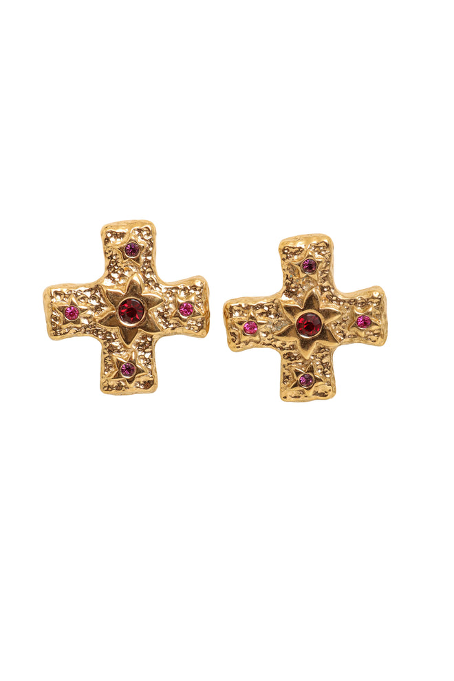 Marie Claire Textured Sun Stone Cross Earrings @ Recess LA
