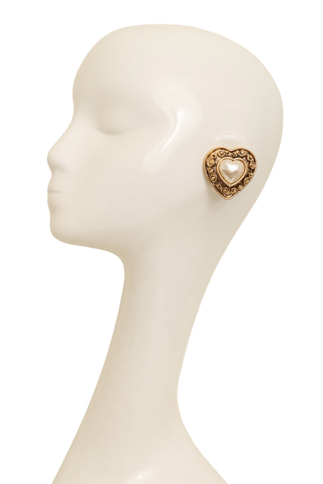 Vintage Mosaique Paris Pearl Heart Button Earrings on mannequin @ Recess LA
