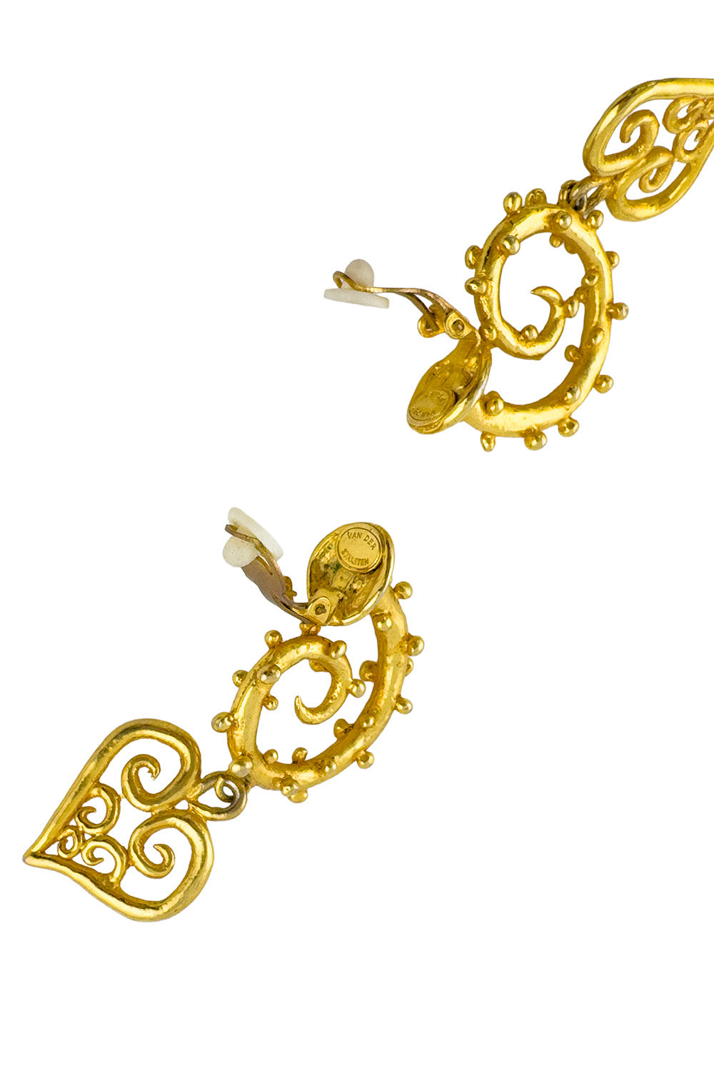 Vintage Hervé Van Der Straeten Studded Heart Drop Earrings back clips @recess la