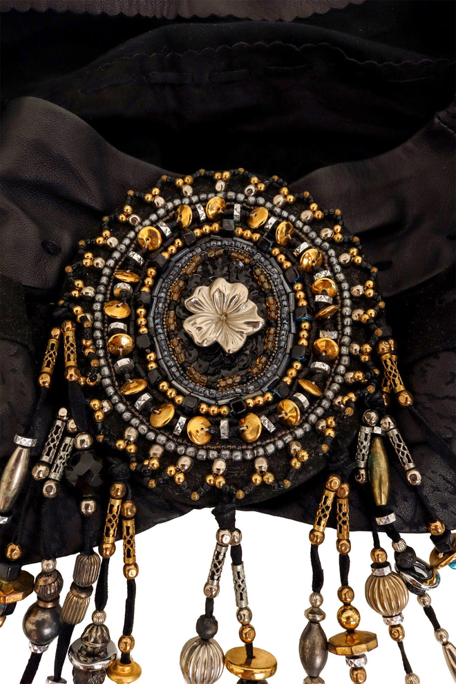 Bead Fringe Leather Waist Belt medallion close @ Recess LA