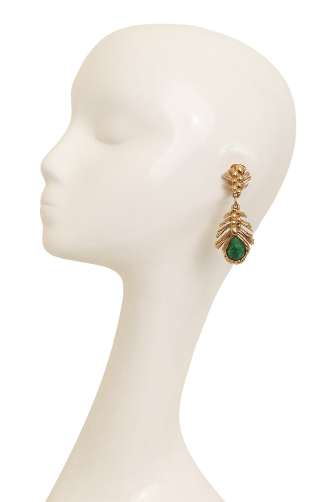 Vintage Guy Laroche Green Woven Frond Drop Earrings On Mannequin @ Recess LA 