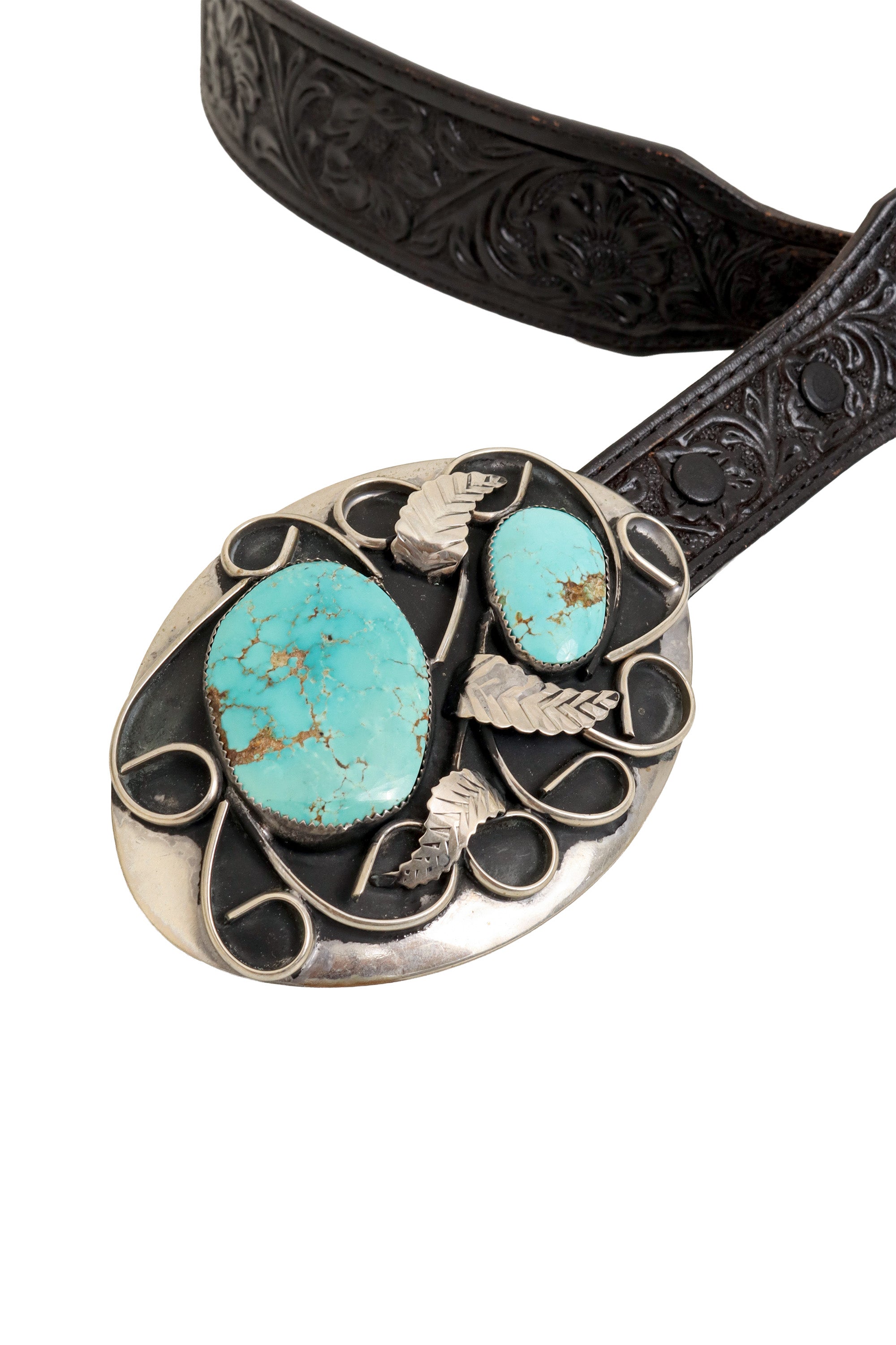 Floral Tooled Stone Leaf Leather Belt by Eagle Leather buckle close @ Recess LA