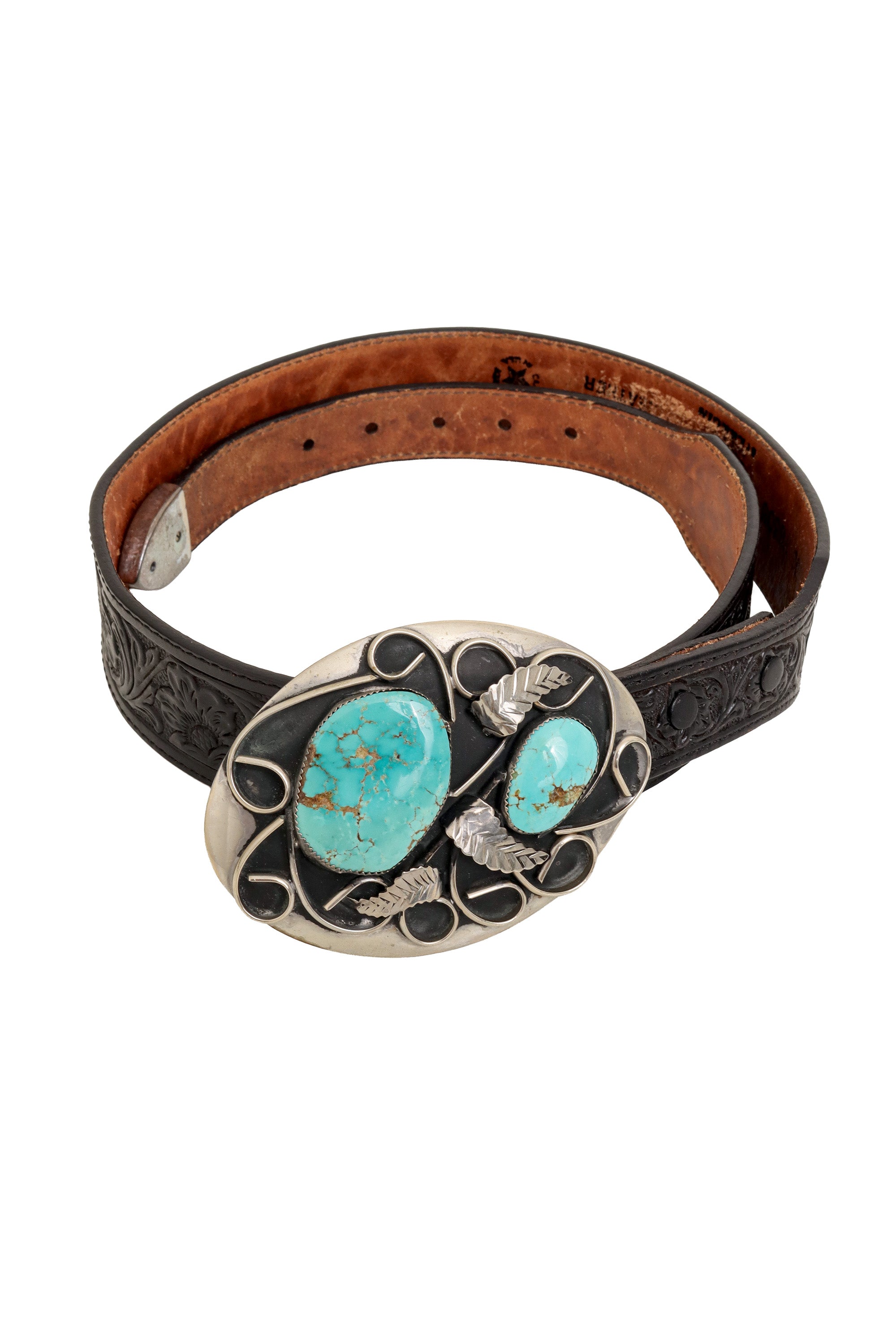 Floral Tooled Stone Leaf Leather Belt by Eagle Leather in circle @ Recess LA