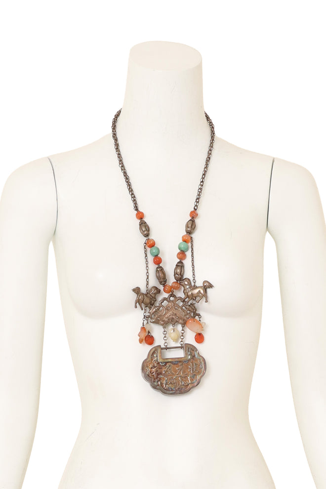 Chinese Dog Scene Lock Bead Necklace on mannequin @ Recess LA 