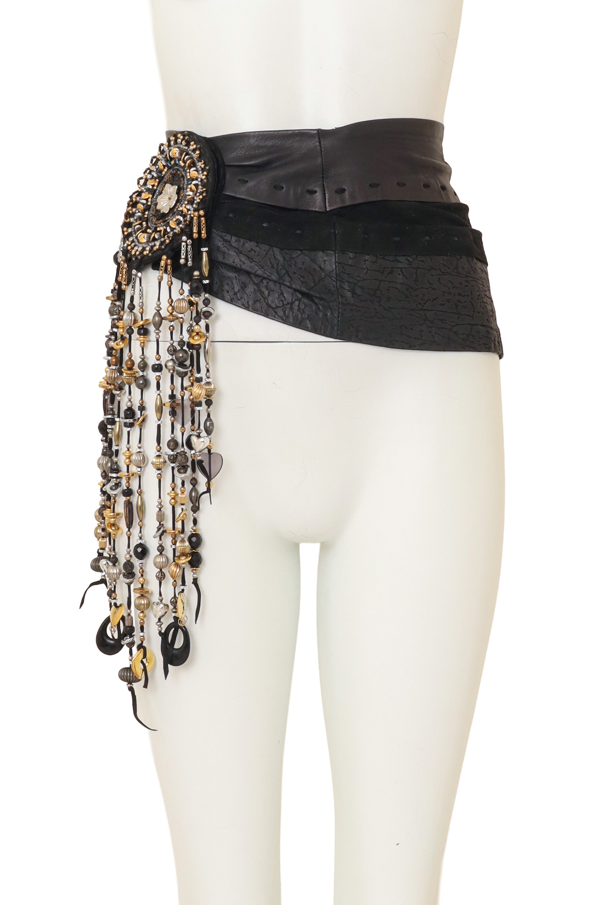 Bead Fringe Leather Waist Belt on mannequin to side @ Recess LA