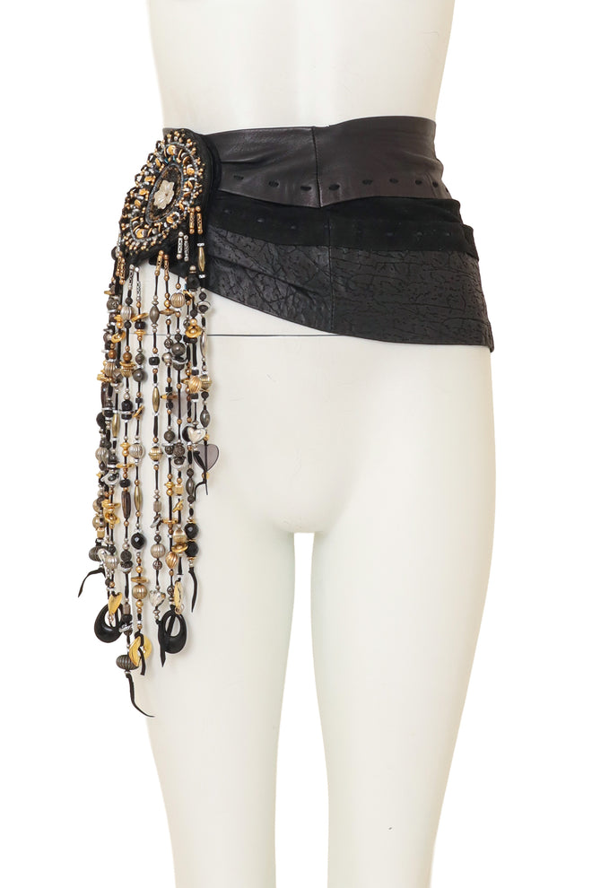 Bead Fringe Leather Waist Belt on mannequin to side @ Recess LA