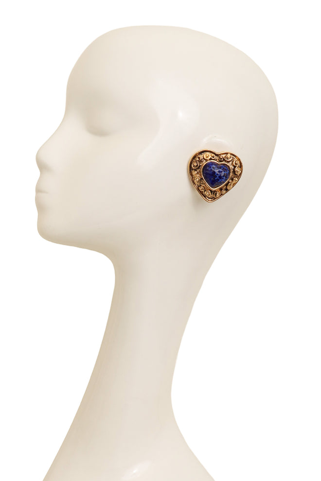 Vintage Mosaique Paris Scroll Frame Heart Button Earrings on mannequin @ Recess LA