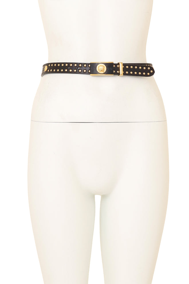 Leopard Medallion Stud Leather Belt by Versus on mannequin @ Recess LA