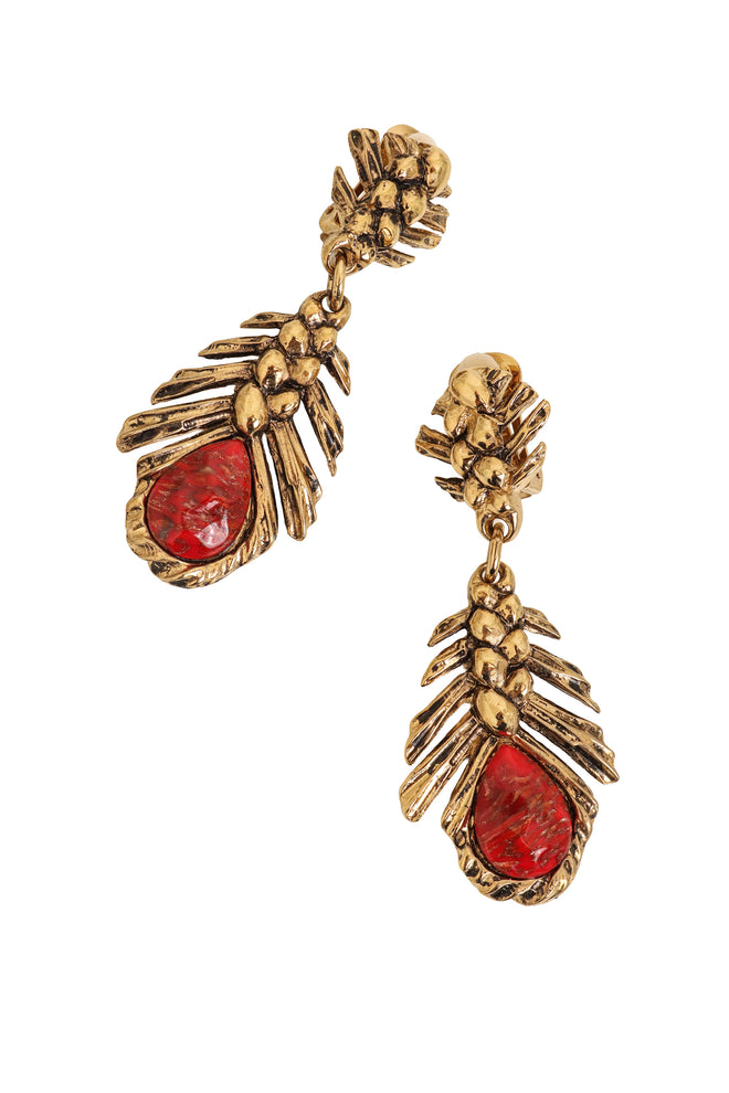 Vintage Guy Laroche Red Woven Frond Drop Earrings Close up @ Recess LA
