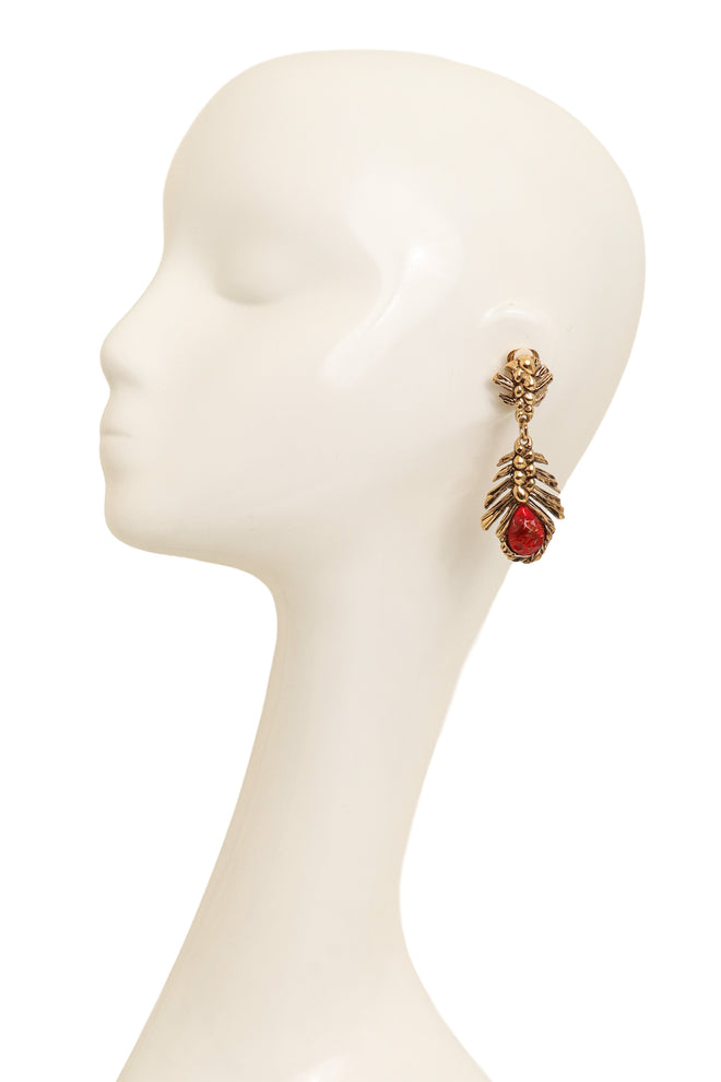 Vintage Guy Laroche Red Woven Frond Drop Earrings On Mannequin @ Recess LA