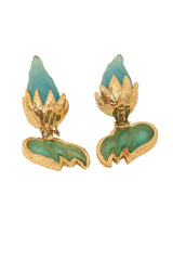 Vintage Guy Laroche Frosted Dark Green Horn Drop Earrings Backs Open @ Recess LA