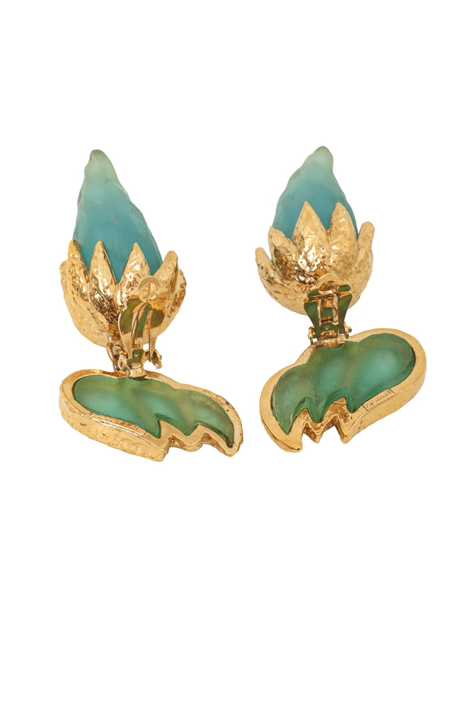 Vintage Guy Laroche Frosted Dark Green Horn Drop Earrings Backs Open @ Recess LA
