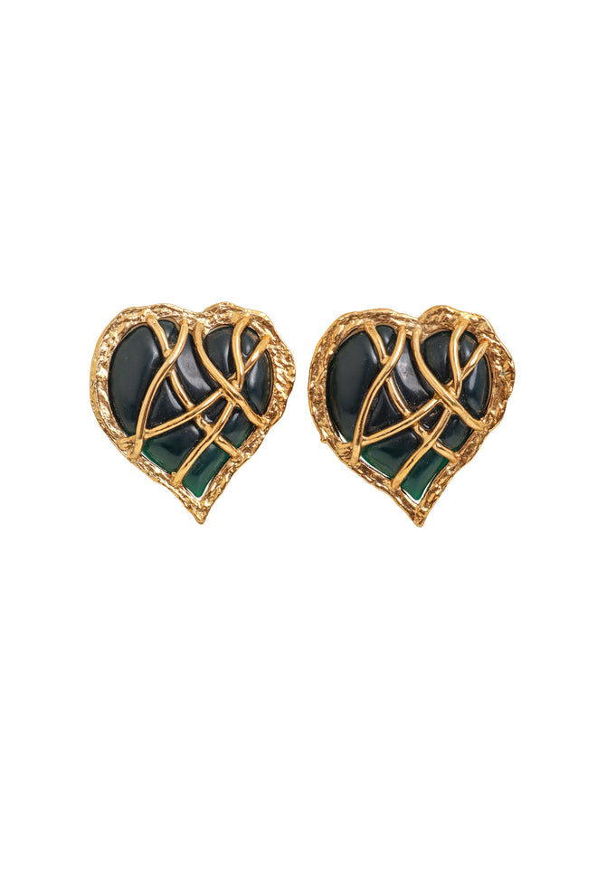 Vintage Marie Claire Green Filigree Heart Button Earrings @ Recess LA