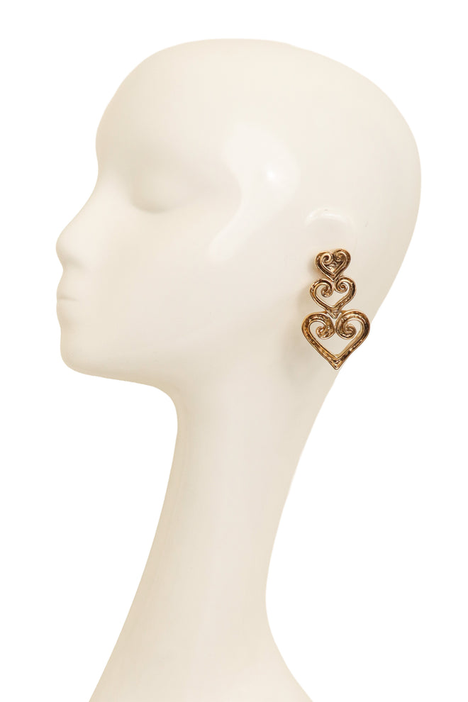 Vintage Mosaique Paris Scroll Heart Drop Earrings on mannequin @ Recess LA