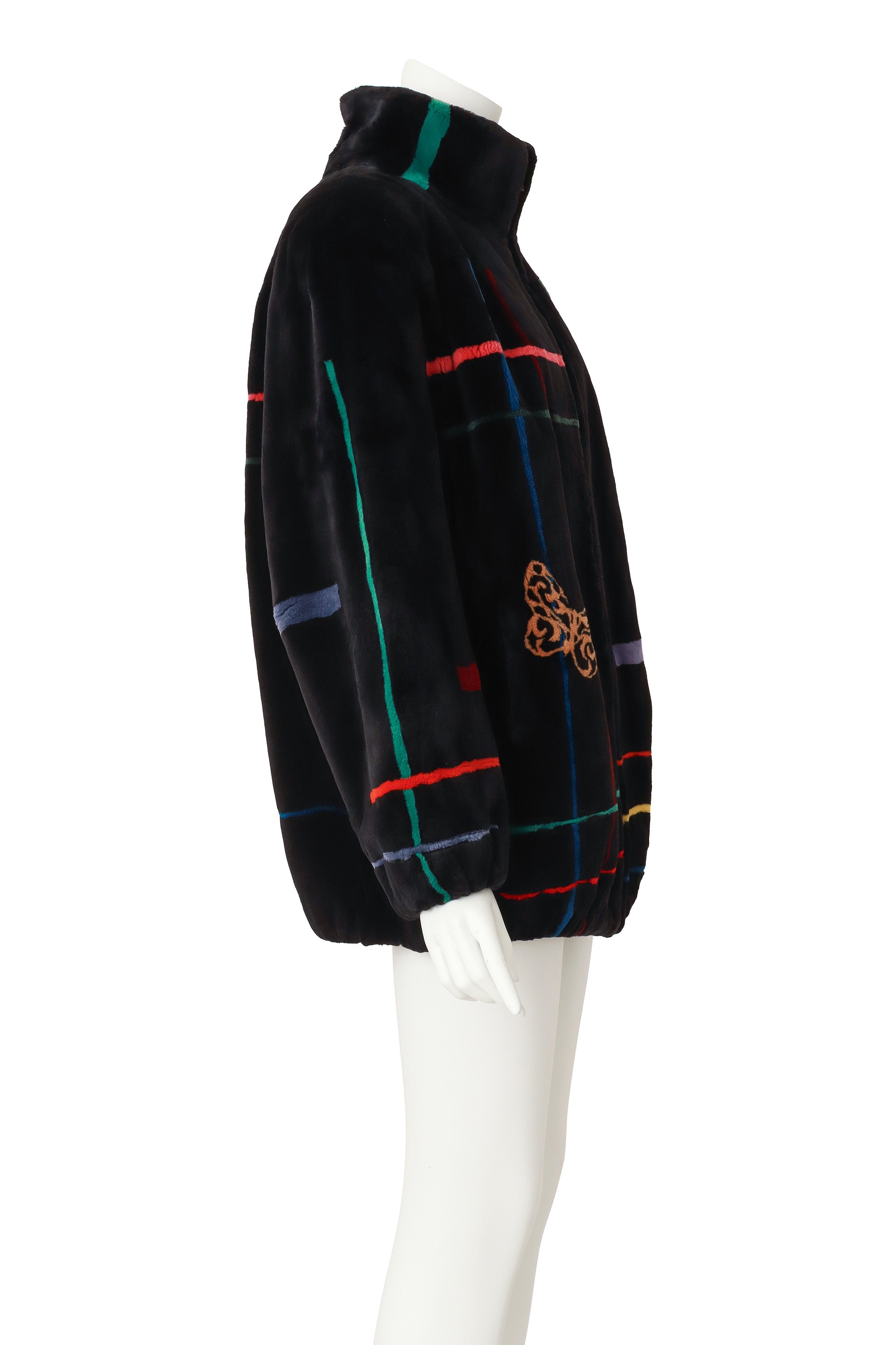 Stripe Fur Jacket by Zuki on mannequin side @ Recess LA