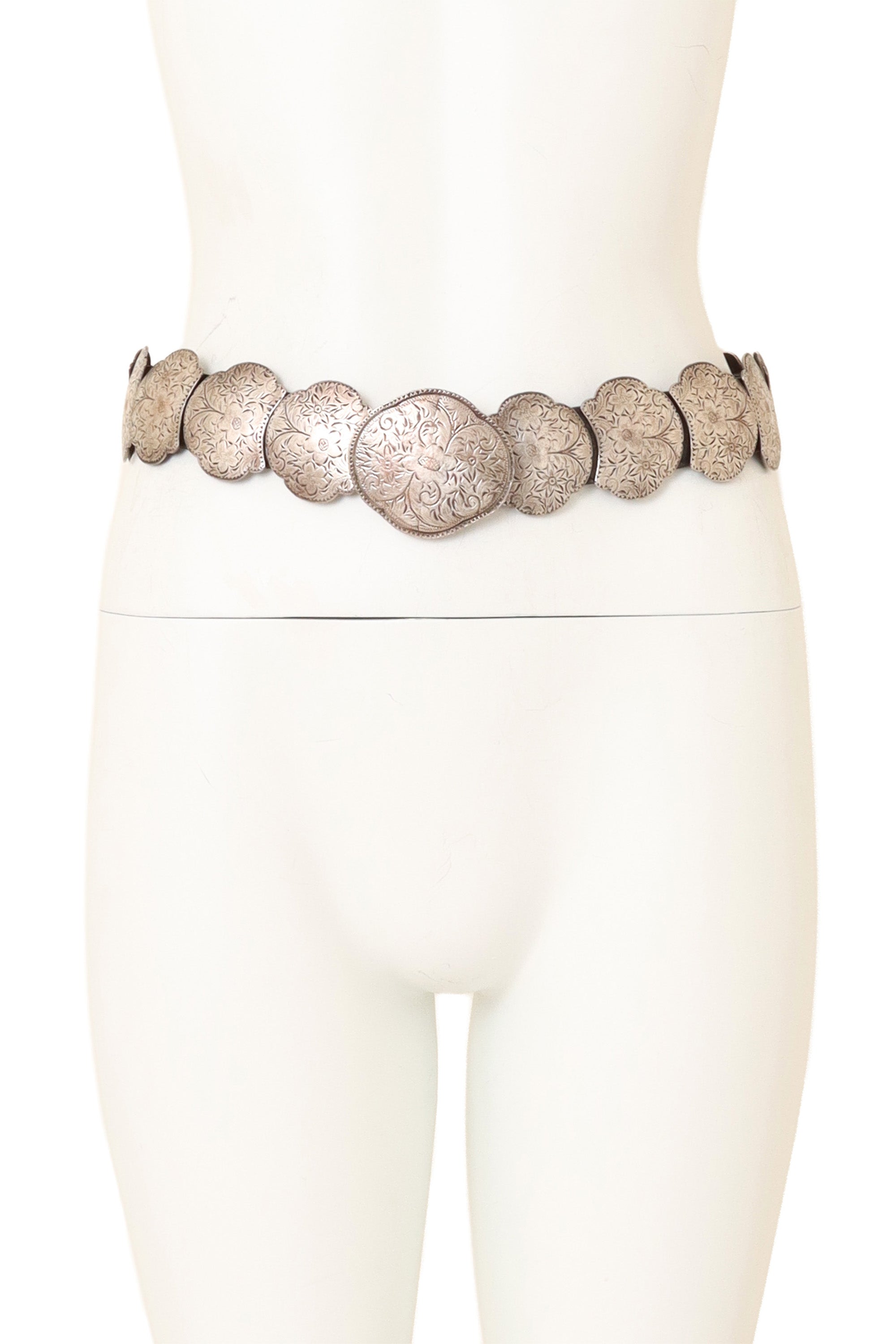 Engraved Floral Plate Leather Belt by J&M Davidson on mannequin @ Recess LA