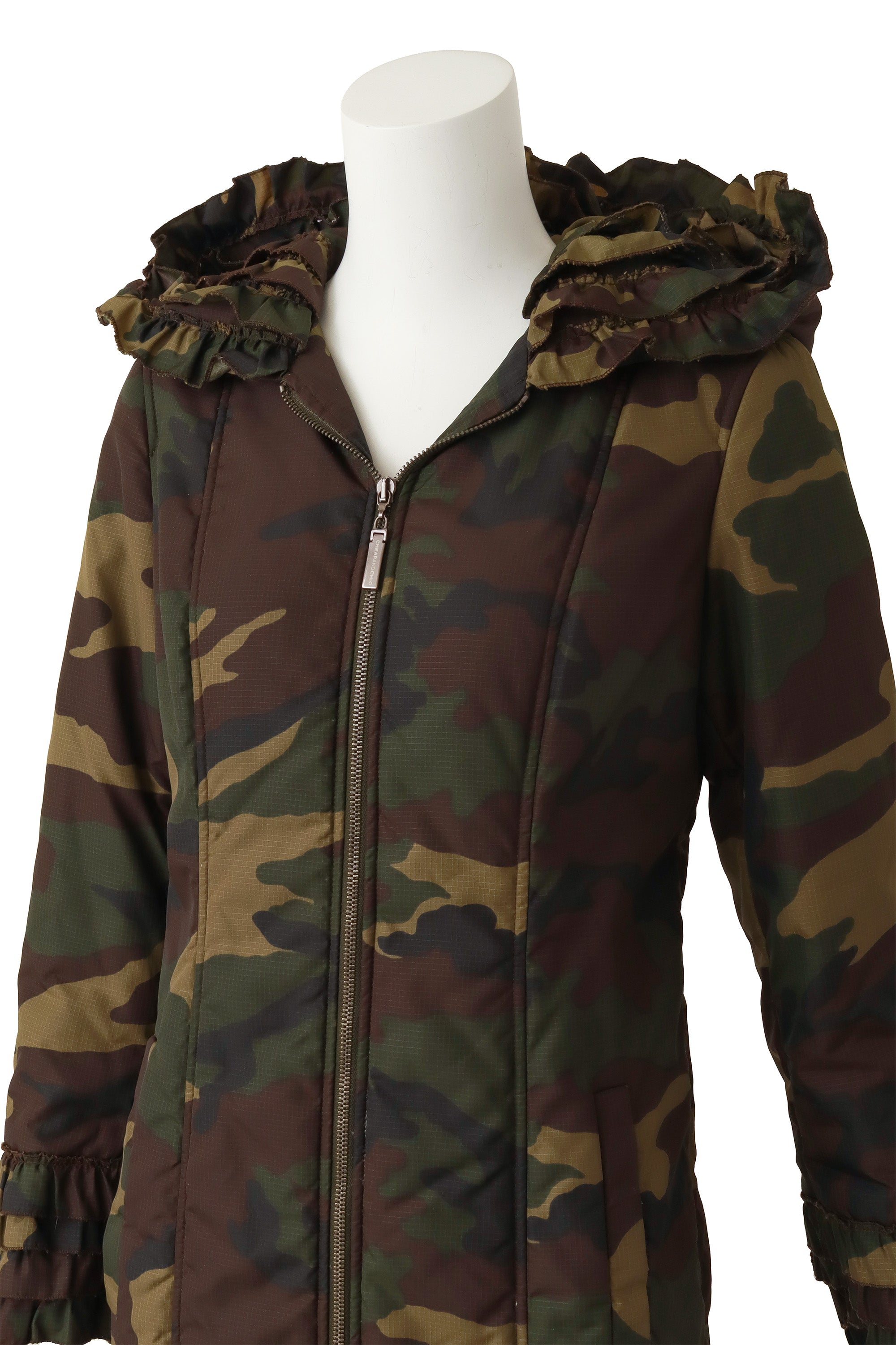 camo Puffer Coat by Moschino on mannequin close @ Recess LA