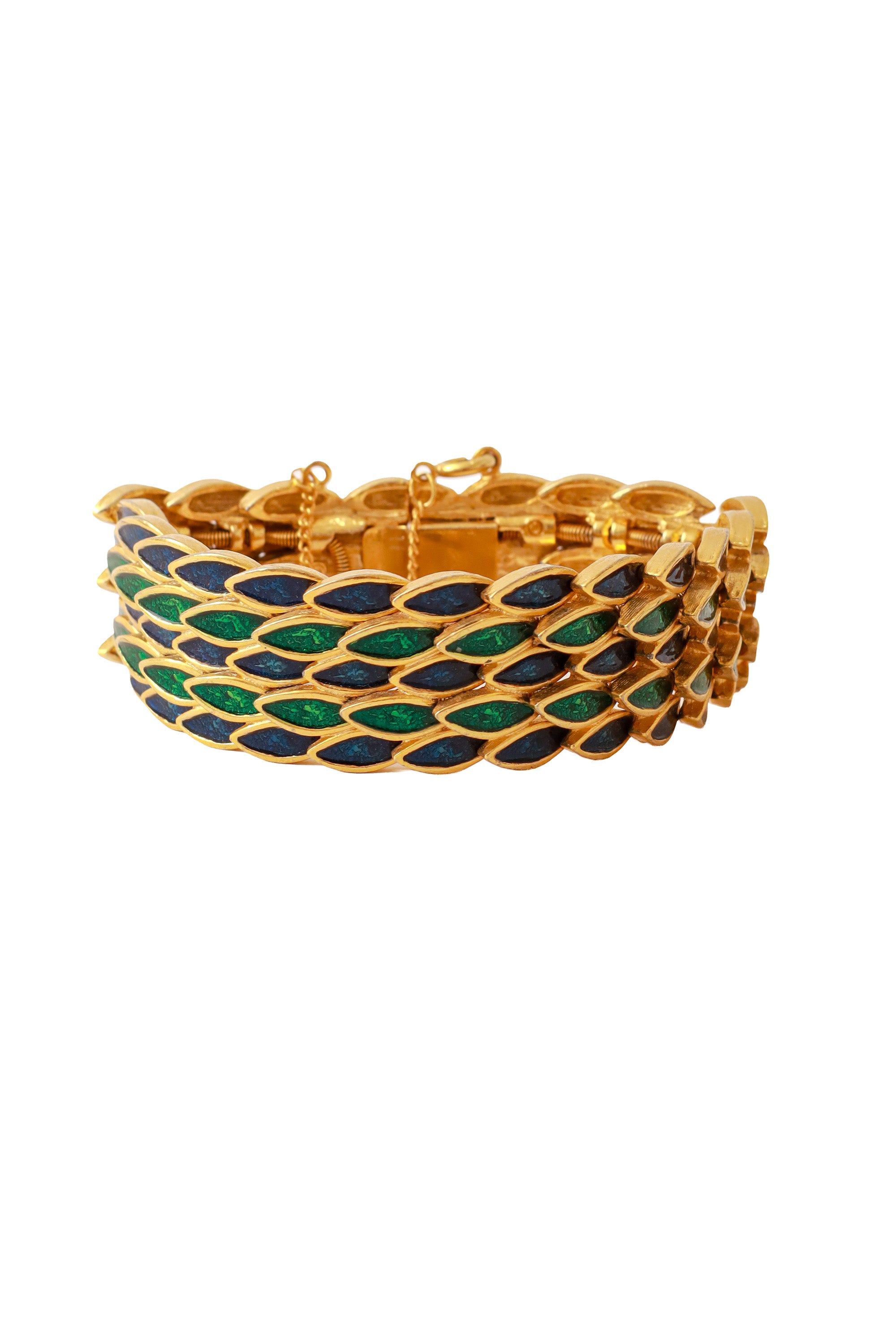 Gold bracelet with green and blue repeating leaf motif by DG @ Recess LA